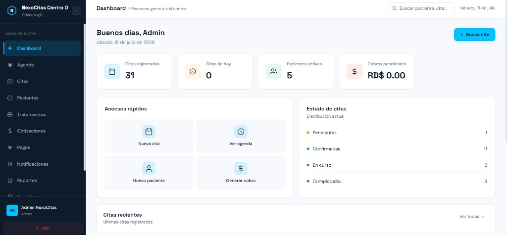 NexoMed dashboard — clinic management