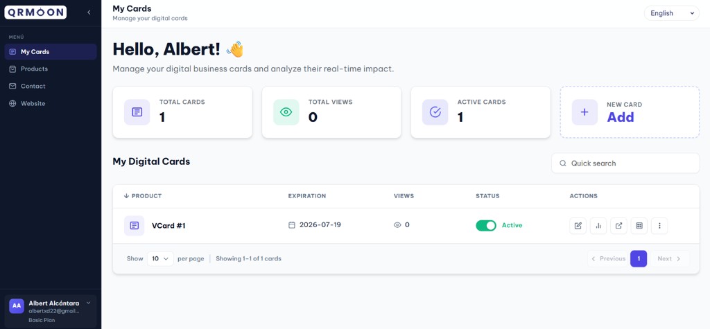 QRMoon dashboard — My Cards
